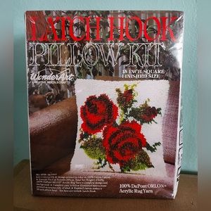 Vintage 70s MCM Latch Hook Roses Print Pillow Kit by WonderArt 15 inch Deadstock